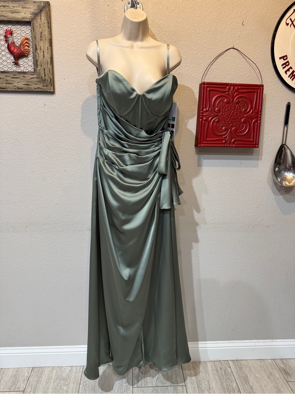 Mori Lee Sage Green Satin Draped Maxi Gown